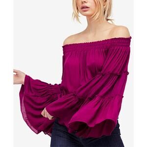 Free People Free Style Pink Off Shoulder Blouse Bell Sleeve Boho Size XS